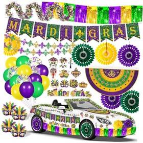 Innovoscape B7879 Mardi Gras Parade Float Decorations Kit Purple Green Gold Tinsel Garlands Fan