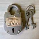 Pony Express 1860 Cast Iron Lock With Brass Tag & Keys. Fixed Price $22.99.