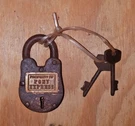 Property Of Pony Express Working Cast Iron Lock With 2 Keys Rusty Antique Finish. Fixed Price $23.00.